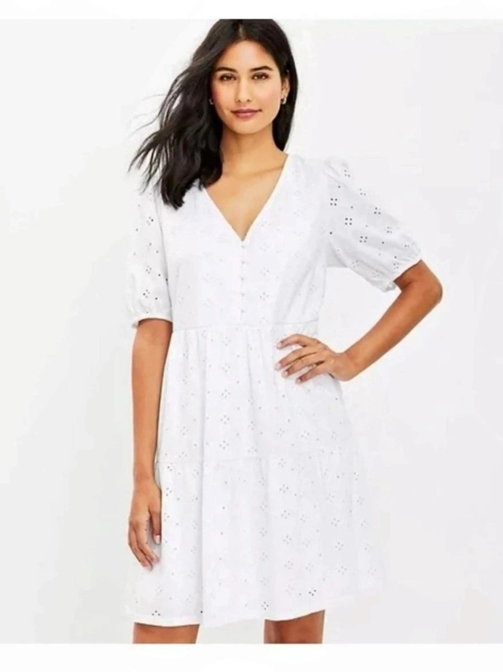 LOFT Eyelet Flutter Tiered Mini Dress White Size Small